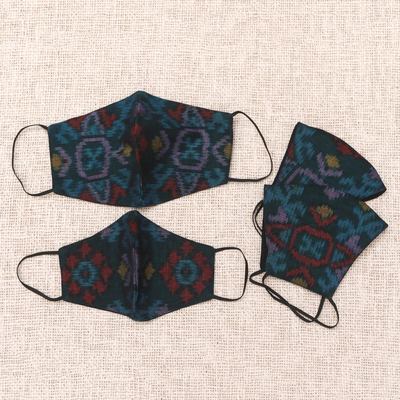 Set familiar de mascarillas de algodón, (set de 4) - 2 adultos/2 niños tejido a mano ikat de algodón de 2 capas negro y azul
