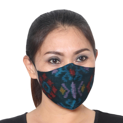 Family set cotton face masks, 'Ikat Mystique' (set of 4) - 2 Adult/2 Child Handwoven Black & Azure 2-Layer Cotton Ikat