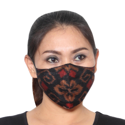 Family set cotton face masks, 'Ginger Brown Ikat' (set of 4) - 2 Adult/2 Child Brown & Black 2-Layer Cotton Ikat Masks