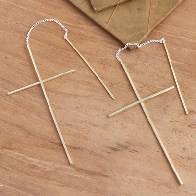 Gold plated threader earrings, 'Delicate Golden Cross' - Gold Plated Threader Earrings Cross