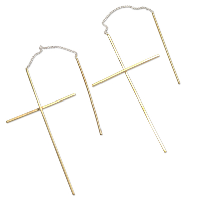 Gold plated threader earrings, 'Delicate Golden Cross' - Gold Plated Threader Earrings Cross