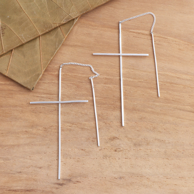 Sterling silver threader earrings, 'Delicate Cross' - Sterling Silver Threader Earrings Cross