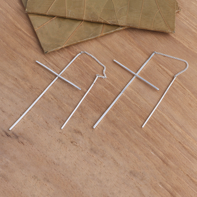 Sterling silver threader earrings, 'Delicate Cross' - Sterling Silver Threader Earrings Cross