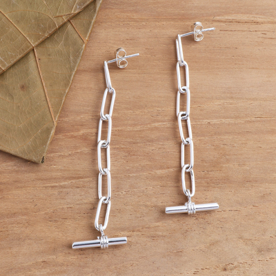 Sterling silver dangle earrings, 'In Chains' - Sterling Silver Cable Chain and Toggle Dangle Earrings