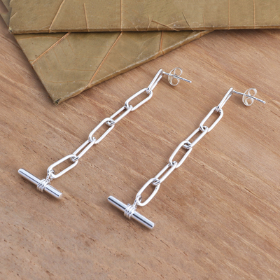 Sterling silver dangle earrings, 'In Chains' - Sterling Silver Cable Chain and Toggle Dangle Earrings
