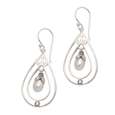 Cultured pearl dangle earrings, 'Pearly Tears' - Cultured Pearl and Sterling Silver Teardrop Dangle Earrings