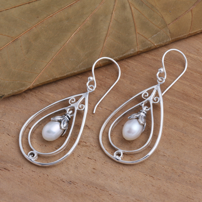 Aretes colgantes de perlas cultivadas - Aretes colgantes con forma de lágrima de plata de ley y perlas cultivadas