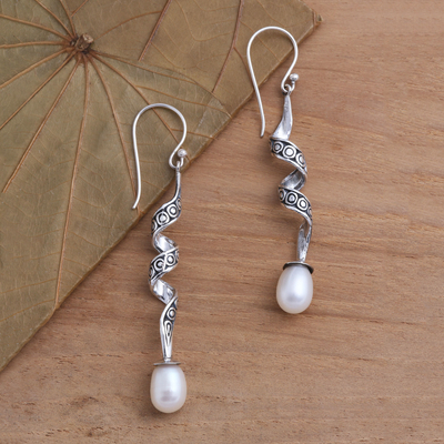 Aretes colgantes de perlas cultivadas - Aretes Espirales de Plata de Ley con Perlas Cultivadas