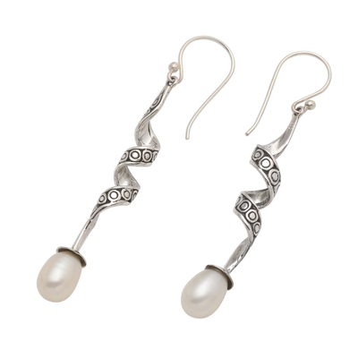 Cultured pearl dangle earrings, 'Spiral Pearl' - Sterling Silver Spiral Earrings with Cultured Pearls