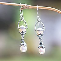 Cultured pearl dangle earrings, 'Idle Hours' - Hourglass Cultured Pearl and Sterling Silver Dangle Earrings
