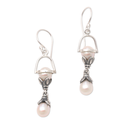 Cultured pearl dangle earrings, 'Idle Hours' - Hourglass Cultured Pearl and Sterling Silver Dangle Earrings