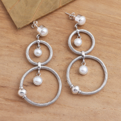 Cultured pearl dangle earrings, 'What Goes Around' - Double Circle Dangle Earrings with Cultured Pearls