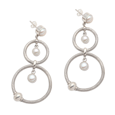 Cultured pearl dangle earrings, 'What Goes Around' - Double Circle Dangle Earrings with Cultured Pearls