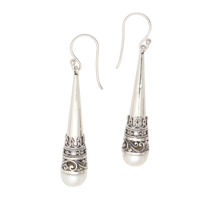 Cultured pearl dangle earrings, 'Bali Cornet' - Sterling Silver Cone Dangle Earrings with Cultured Pearl