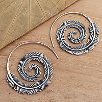 Sterling silver half hoop earrings, 'Spiral Feather' - Oxidized Sterling Silver Half Hoop Feather Earrings