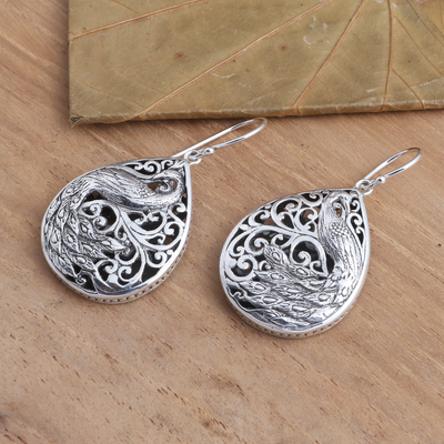 Sterling silver dangle earrings, 'Garden Peacocks' - Sterling Silver Peacock Dangle Earrings