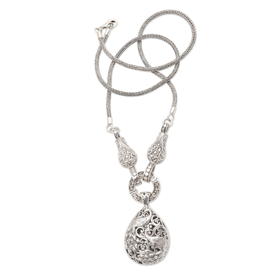 Sterling silver Y-necklace, 'Garden Peacocks' - Peacock Oxidized Sterling Silver Y-Necklace