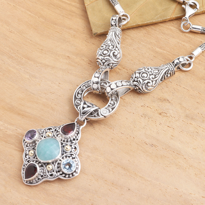 Multi-gemstone Y-necklace, 'When the Wind Blows' - Multi-Gemstone Sterling Silver Pendant Necklace Gold Accent