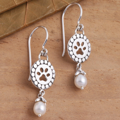 Cultured freshwater pearl dangle earrings, 'Paws and Pearls' - Cultured Freshwater Pearl Dangle Paw Print Earrings