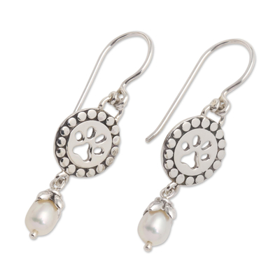 Cultured freshwater pearl dangle earrings, 'Paws and Pearls' - Cultured Freshwater Pearl Dangle Paw Print Earrings