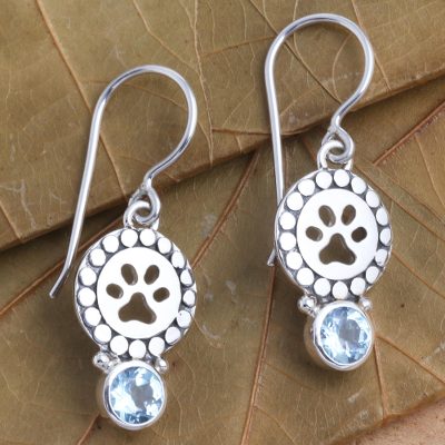 Blue topaz dangle earrings, 'Paws and Gems in Blue' - Blue Topaz Sterling Silver Paw Print Dangle Earrings