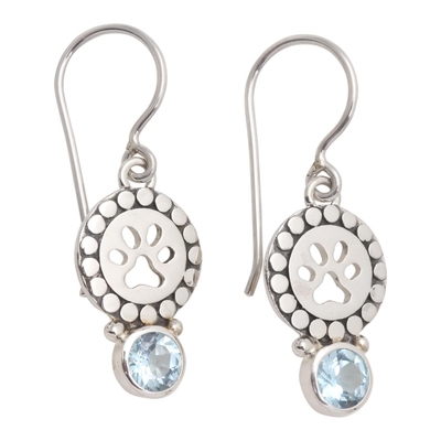 Blue topaz dangle earrings, 'Paws and Gems in Blue' - Blue Topaz Sterling Silver Paw Print Dangle Earrings