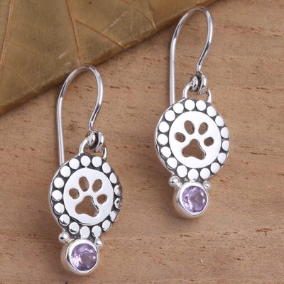 Amethyst dangle earrings, 'Paws and Gems in Purple' - Amethyst Sterling Silver Paw Print Dangle Earrings