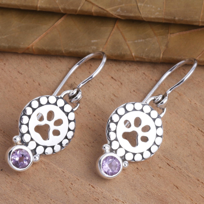 Amethyst dangle earrings, 'Paws and Gems in Purple' - Amethyst Sterling Silver Paw Print Dangle Earrings