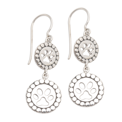 Sterling silver dangle earrings, 'Double Paws' - Paw Print Sterling Silver Dangle Earrings