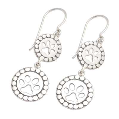 Sterling silver dangle earrings, 'Double Paws' - Paw Print Sterling Silver Dangle Earrings