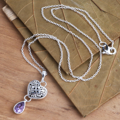 Amethyst pendant necklace, 'Paws on My Heart' - Paw Print Amethyst Sterling Silver Heart Pendant Necklace
