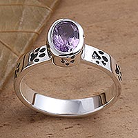 Amethyst single stone ring, 'Paw Prints in Purple' - Amethyst and Sterling Silver Paw Print Ring