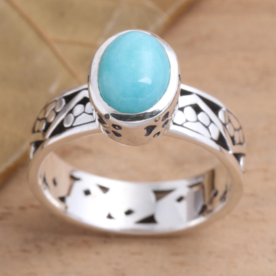 Amazonite single stone ring, 'Paws for Excellence' - Bezel Set Amazonite Cabochon Sterling Silver Paw Print Ring
