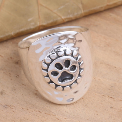 Kuppelring aus Sterlingsilber - Breiter Ring mit Pfotenabdruck aus Sterlingsilber