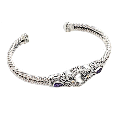 Gold-accented amethyst cuff bracelet, 'Hidden Gate in Purple' - Sterling Silver and Amethyst Cuff Bracelet from Bali