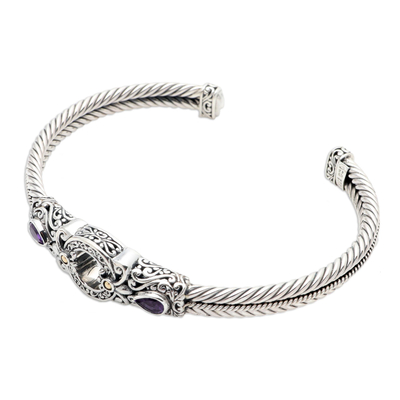 Gold-accented amethyst cuff bracelet, 'Hidden Gate in Purple' - Sterling Silver and Amethyst Cuff Bracelet from Bali