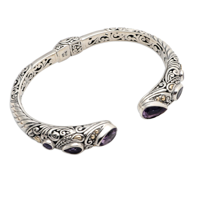 Gold-accented amethyst cuff bracelet, 'Fierce Warrior in Amethyst' - Sterling Silver and Amethyst Cuff Bracelet from Bali