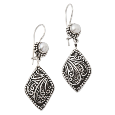 Pearl dangle earrings, 'Curving Tendrils' - Handmade Sterling Silver Pearl Dangle Earrings