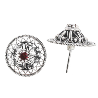 Garnet button earrings, 'Curious Beauty' - Hand Made Sterling Silver Garnet Button Earrings