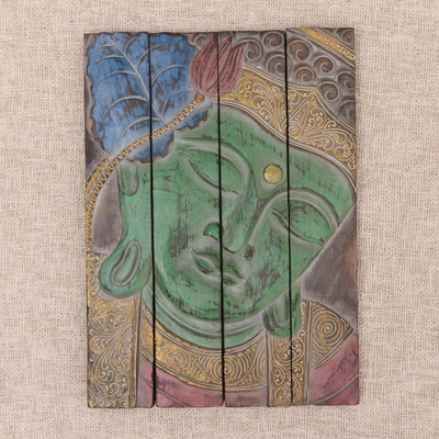 Wood wall panel, Buddha Visage in Green
