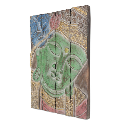 Wood wall panel, 'Buddha Visage in Green' - Four Panel Wood Wall Panel Buddha in Green