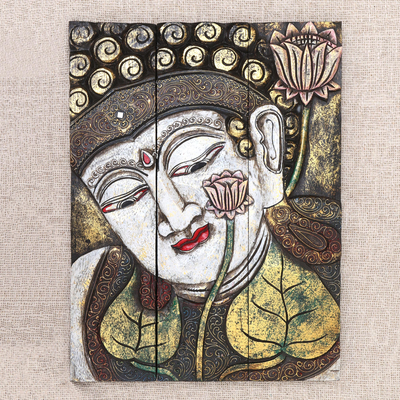 Wood wall panel, Buddha with Lotus in White