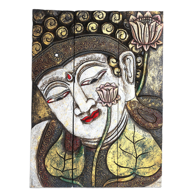 Wood wall panel, 'Buddha with Lotus in White' - Three Panel Wood Wall Panel Buddha with Lotus in White