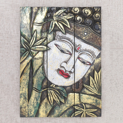 Wood wall panel, 'Buddha with Lotus in Green' - Three Panel Wood Wall Panel Buddha with Lotus in Green
