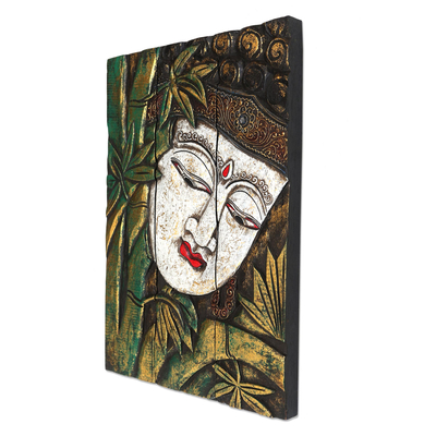 Wood wall panel, 'Buddha with Lotus in Green' - Three Panel Wood Wall Panel Buddha with Lotus in Green