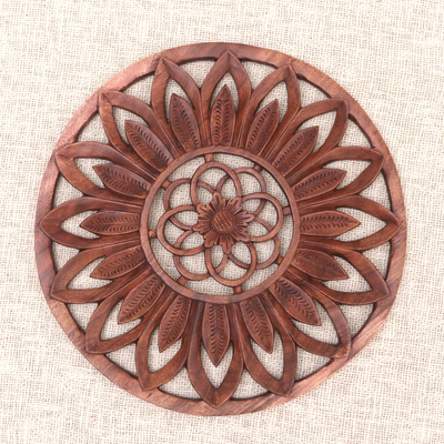 Reliefplatte aus Holz - Holzreliefplatte mit konzentrischem Lotusmuster