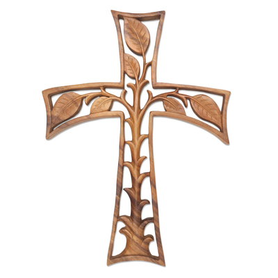 Hand Carved Wood Cross with Leaf Motif