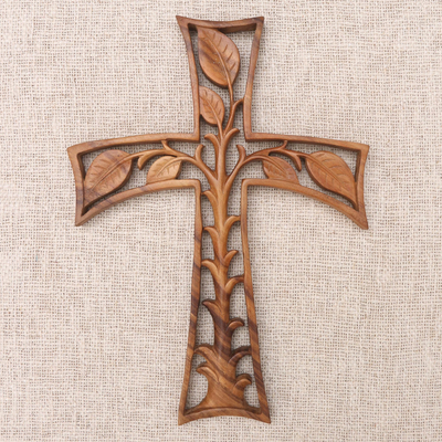 Cruz de pared de madera - Cruz de Madera Tallada a Mano con Motivo de Hojas
