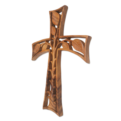 Wandkreuz aus Holz - Handgeschnitztes Holzkreuz mit Blattmotiv