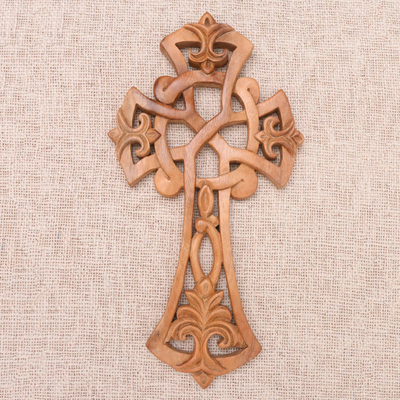 Wood wall cross, 'Beauty in Bali' - Hand Carved Wood Cross with Balinese Design Motif